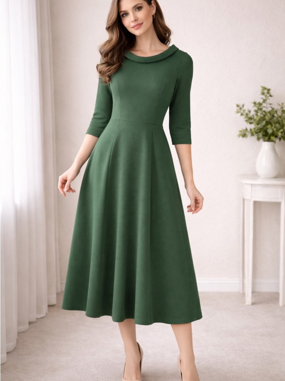 Boden Classic Mid Sleeve Ribbed Green Midi / Maxi Dress Boat Neck Size 8